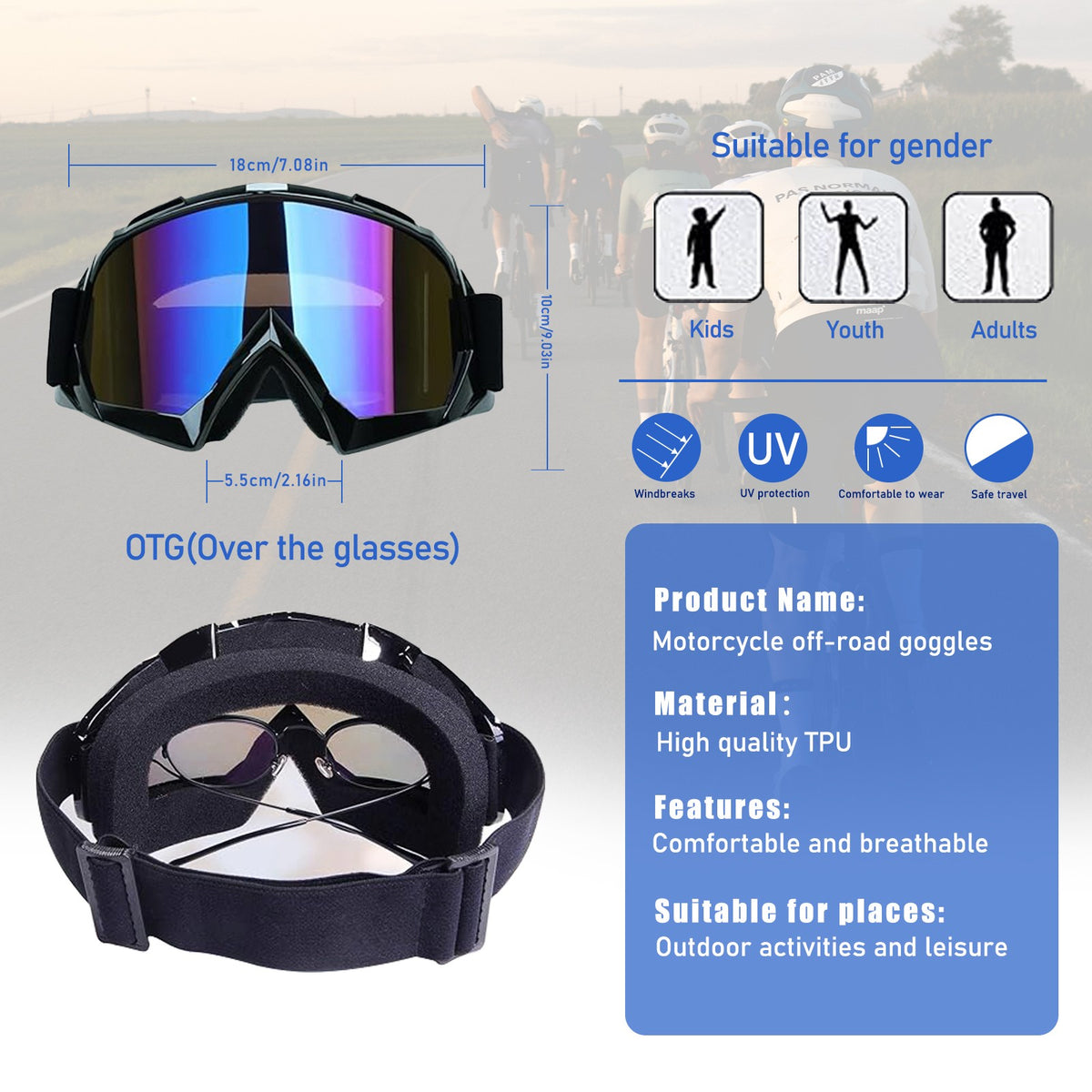 Off-Road Motorcycle Goggles Fit Over Glasses UV400 Anti-Fog Dustproof Durable