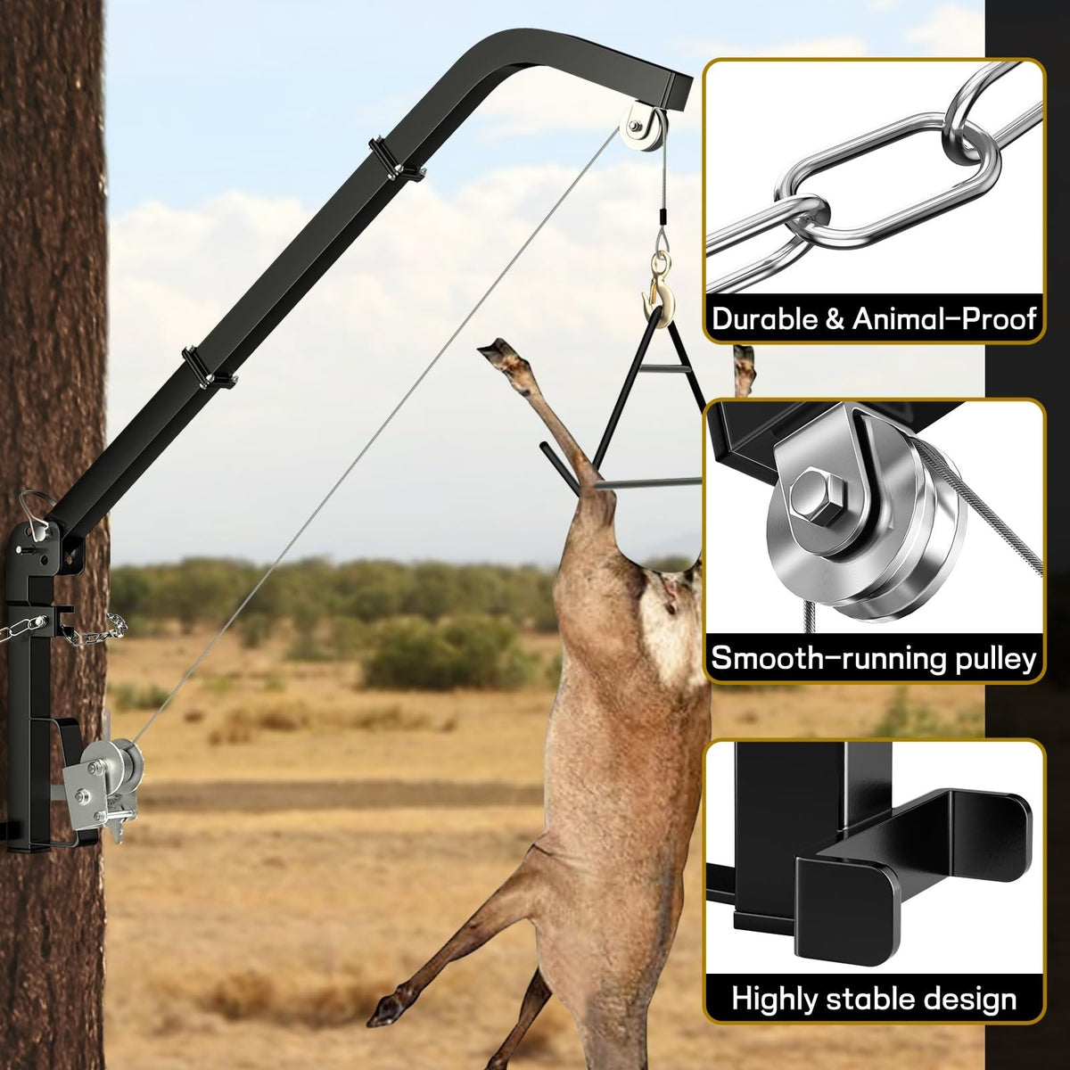Tree Mounted Deer Hoist for Hunting, 400lb Capacity with Gambrel & Steel Cable
