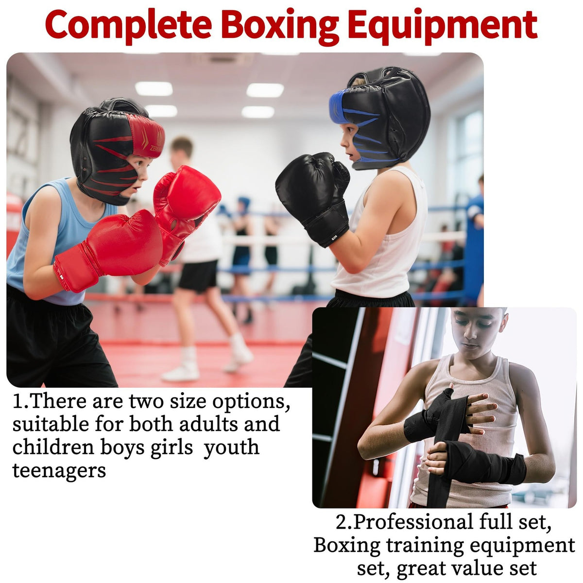 8-Piece Boxing Gloves Set with Headgear and Hand Wraps - PU Leather, Black & Red