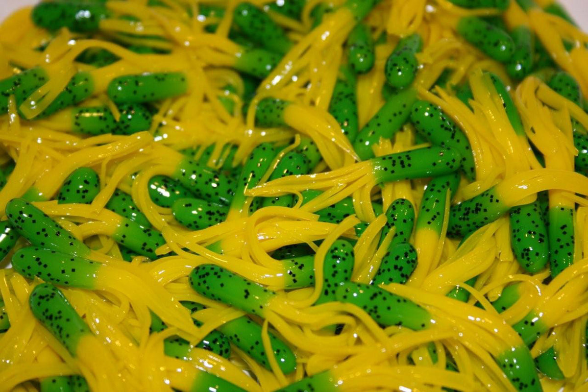 40 pcs 1.5-Inch Green Pepper and Yellow Crappie Fishing Tube Skirts for Freshwater Bait