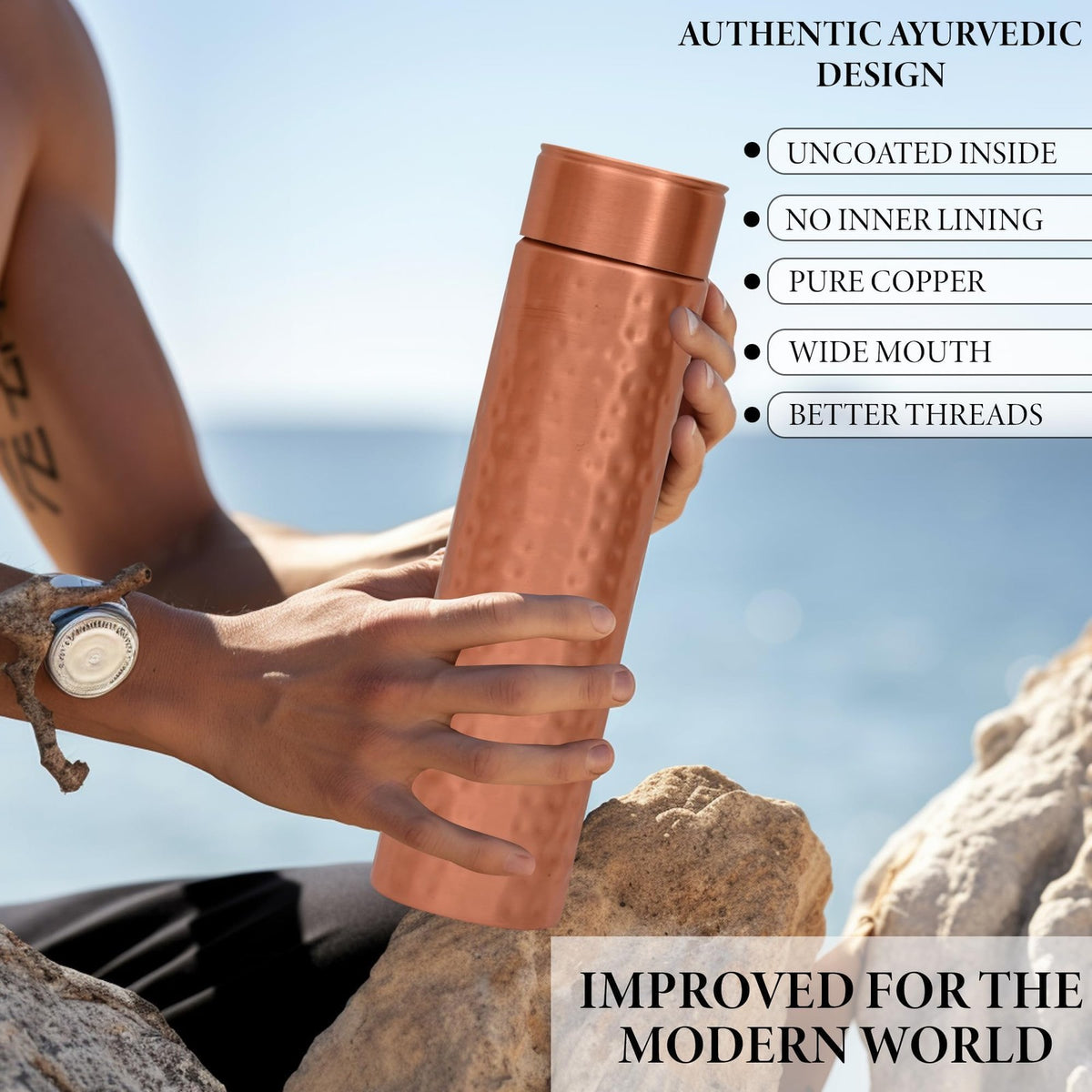 Pure Copper Water Bottle 37.2 OZ Handmade Hammered Finish Leak-Proof Travel Flask
