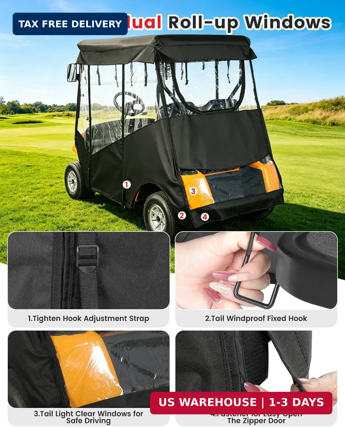 Golf Cart Enclosure for Ezgo TXT 2 Passenger Rain Cover with Clear PVC Windows