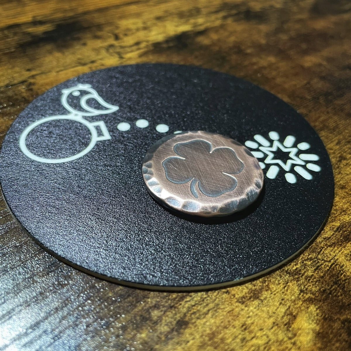 Handmade Custom Golf Ball Marker with 4-Leaf Clover Relief in Aged Copper
