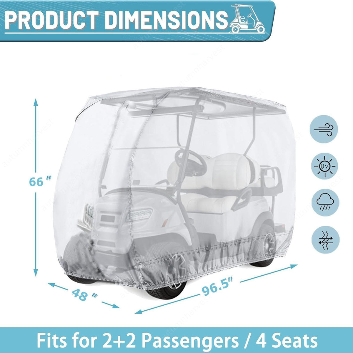 Golf Cart Cover for 4 Passenger UV & Waterproof Protection - Fits EZGO, Club Car, Yamaha