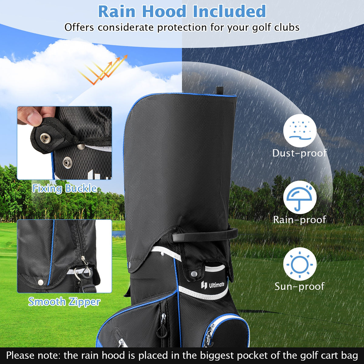 Lightweight Golf Cart Bag with 14-Way Dividers, Waterproof Pockets & Rain Hood - Blue