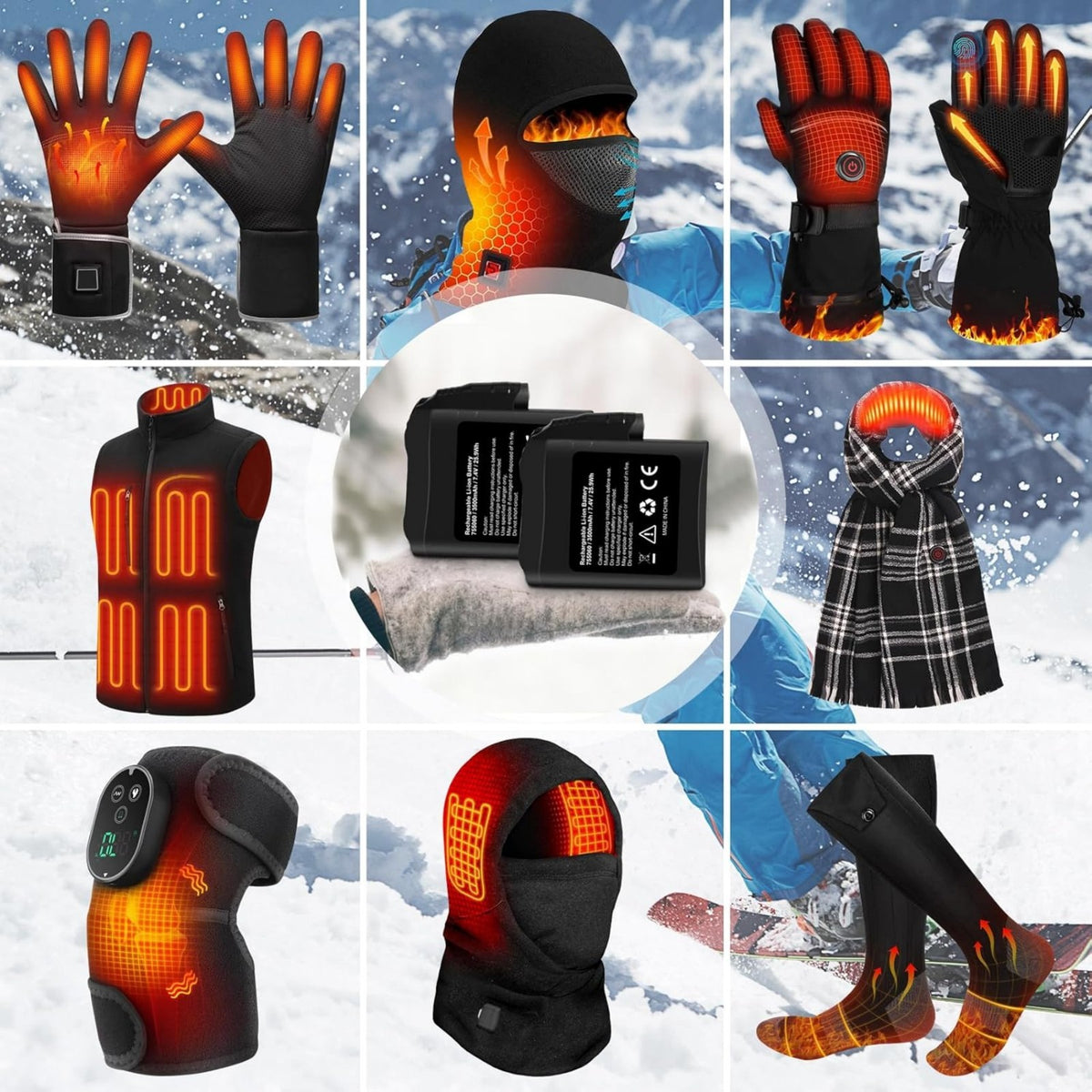 Rechargeable 7.4V 3500mAh Battery Pack for Heated Gloves and Socks - 2 Pack