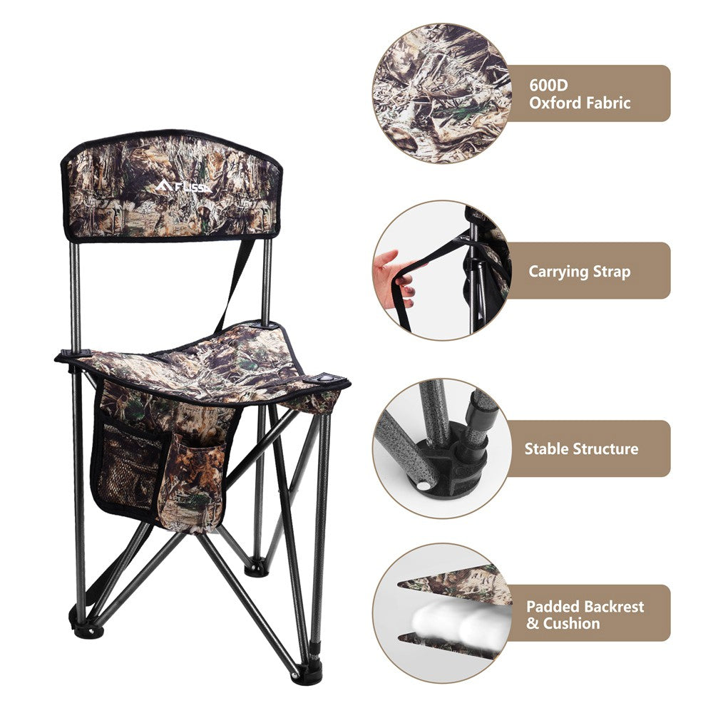 Portable Hunting Stool with Backrest Foldable Tripod Chair 250LBS Camouflage