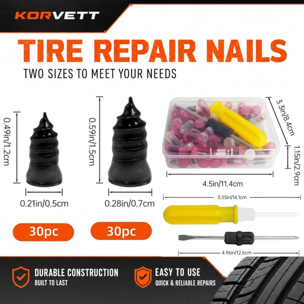 Automotive Tire Repair Kit with 60 Self-Drilling Screw-in Plugs & Screwdriver