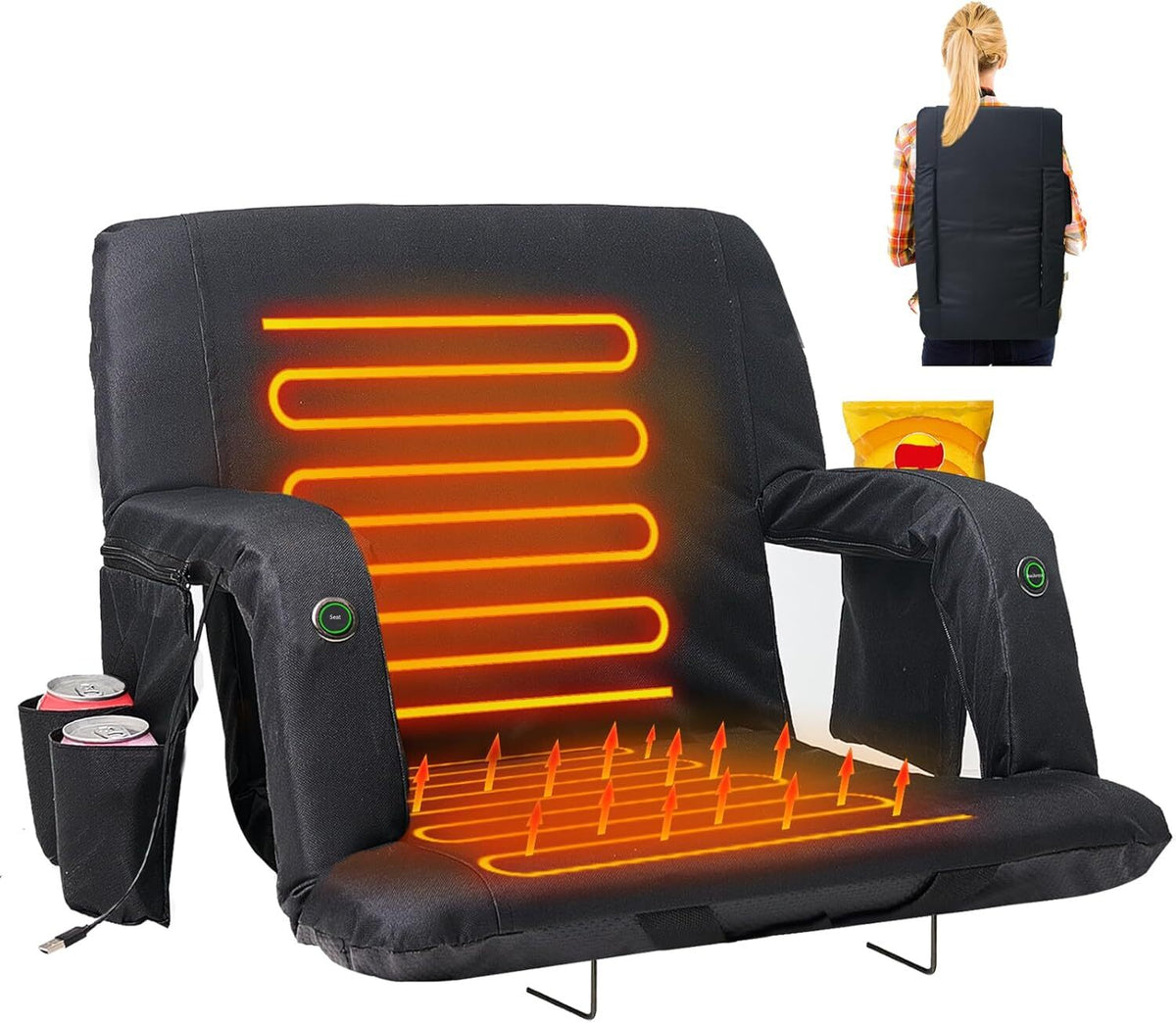 Heated Stadium Seat with Back Support & Reclining Positions - USB Power