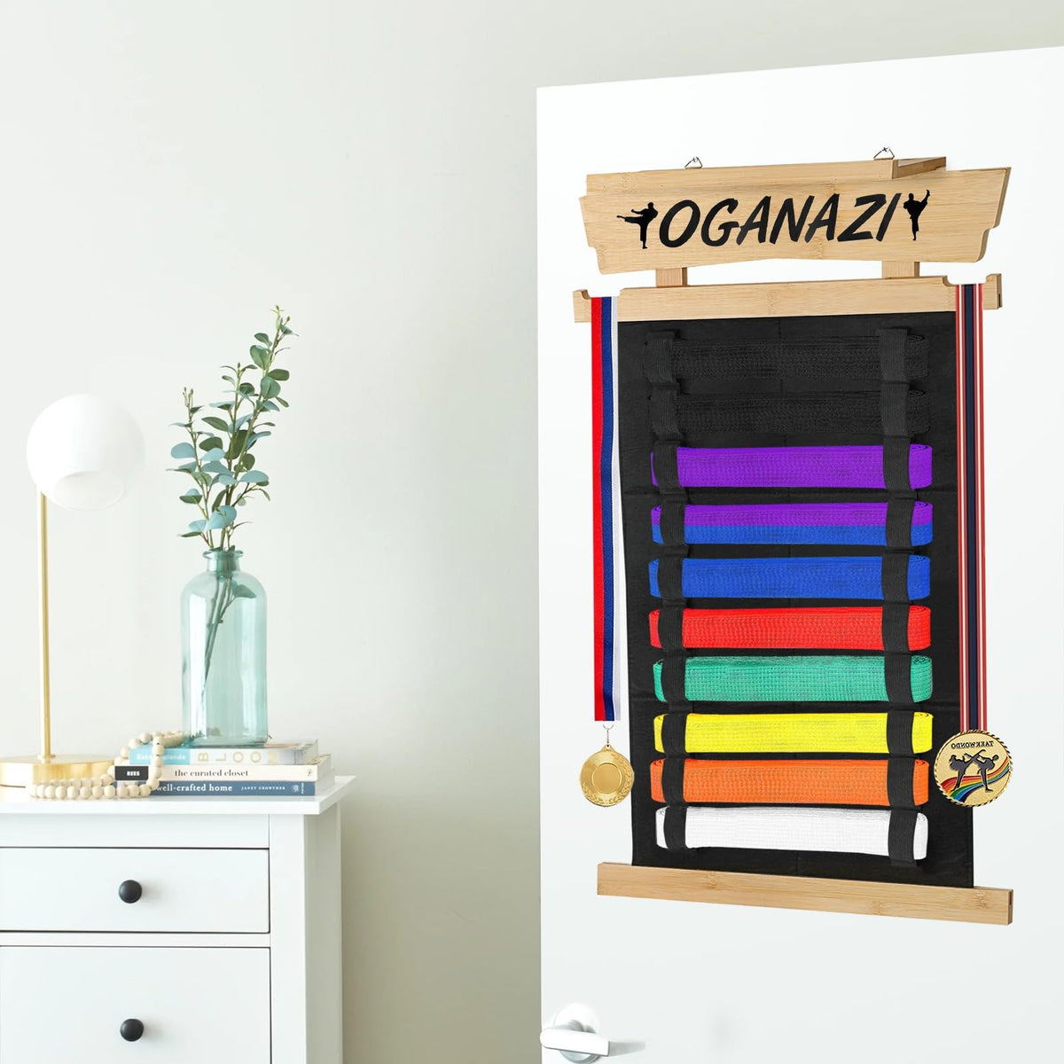 Karate Belt Display Rack with Trophy Holder and Personalized Stickers - Wooden