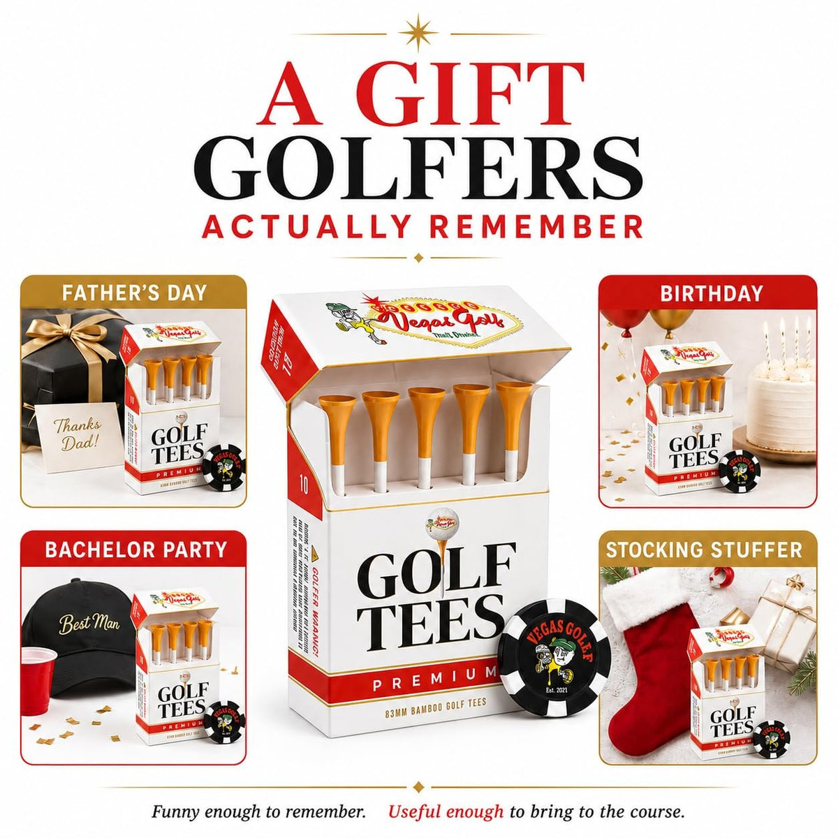 Golf Tees 10 Pack - Premium Bamboo 3.25 Inch Golf Accessories for Men & Women
