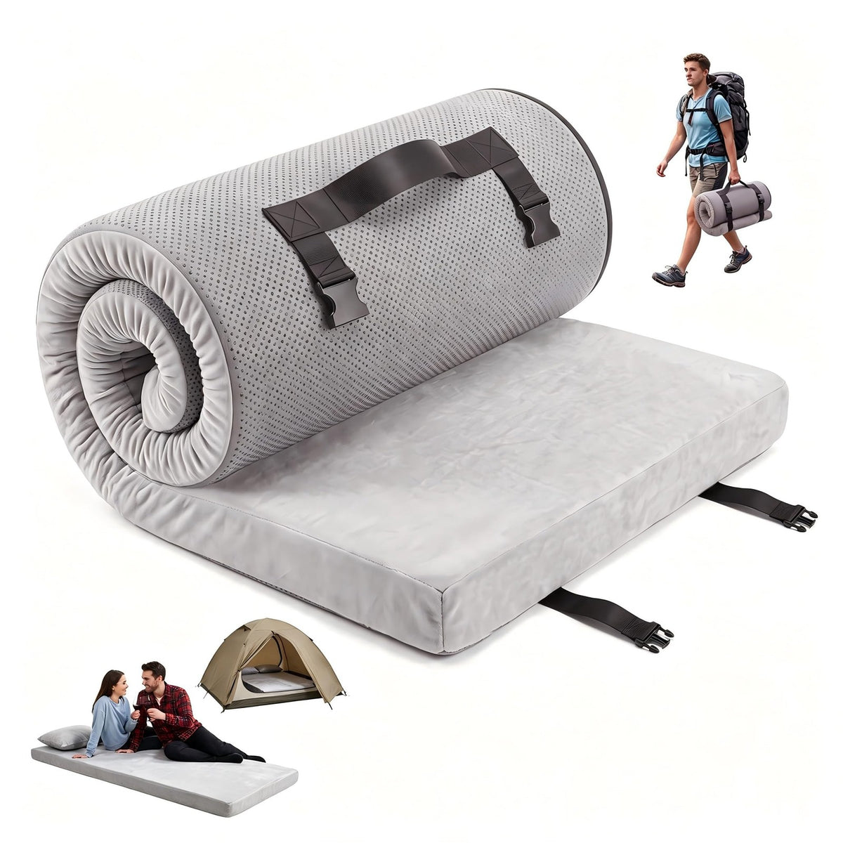 Thick Memory Foam Camping Cot Mattress Pad - Portable Roll-Up Sleeping Pad