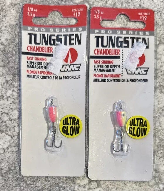 Ice Fishing Jig Set 2 Pack Tungsten Chandelier Lures 1/8 OZ Glow Pink & Chartreuse