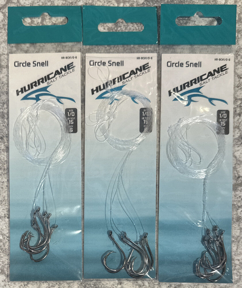 Hurricane Snells Circle Hooks 1/0 Size, 15LB - 3 Pack Fishing Hooks