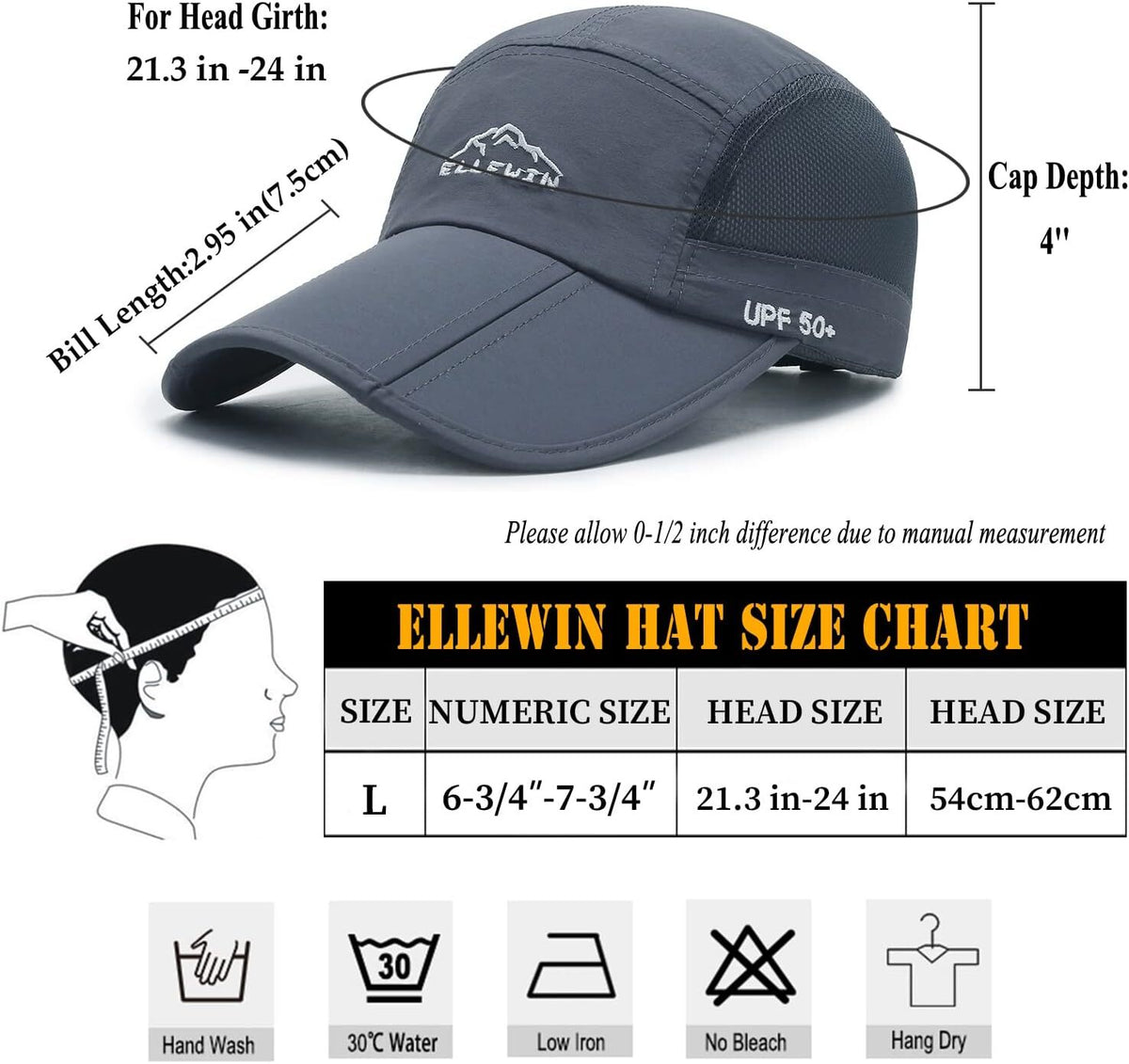 Unisex Baseball Cap UPF 50 Foldable Long Grey Sun Hat