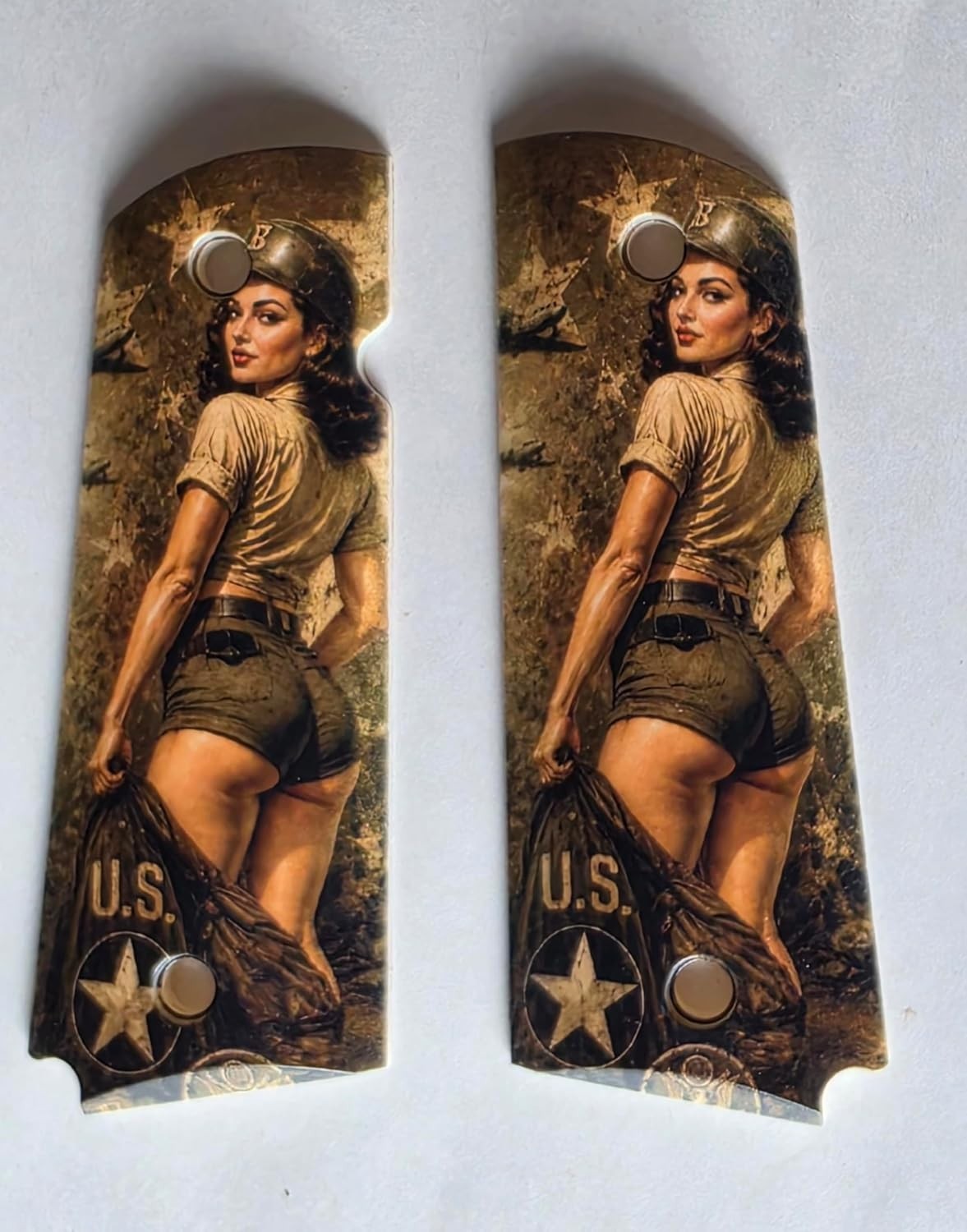 Full Size 1911 Gun Grips White ABS WWII Pinup Girl Olive Drab UV Print
