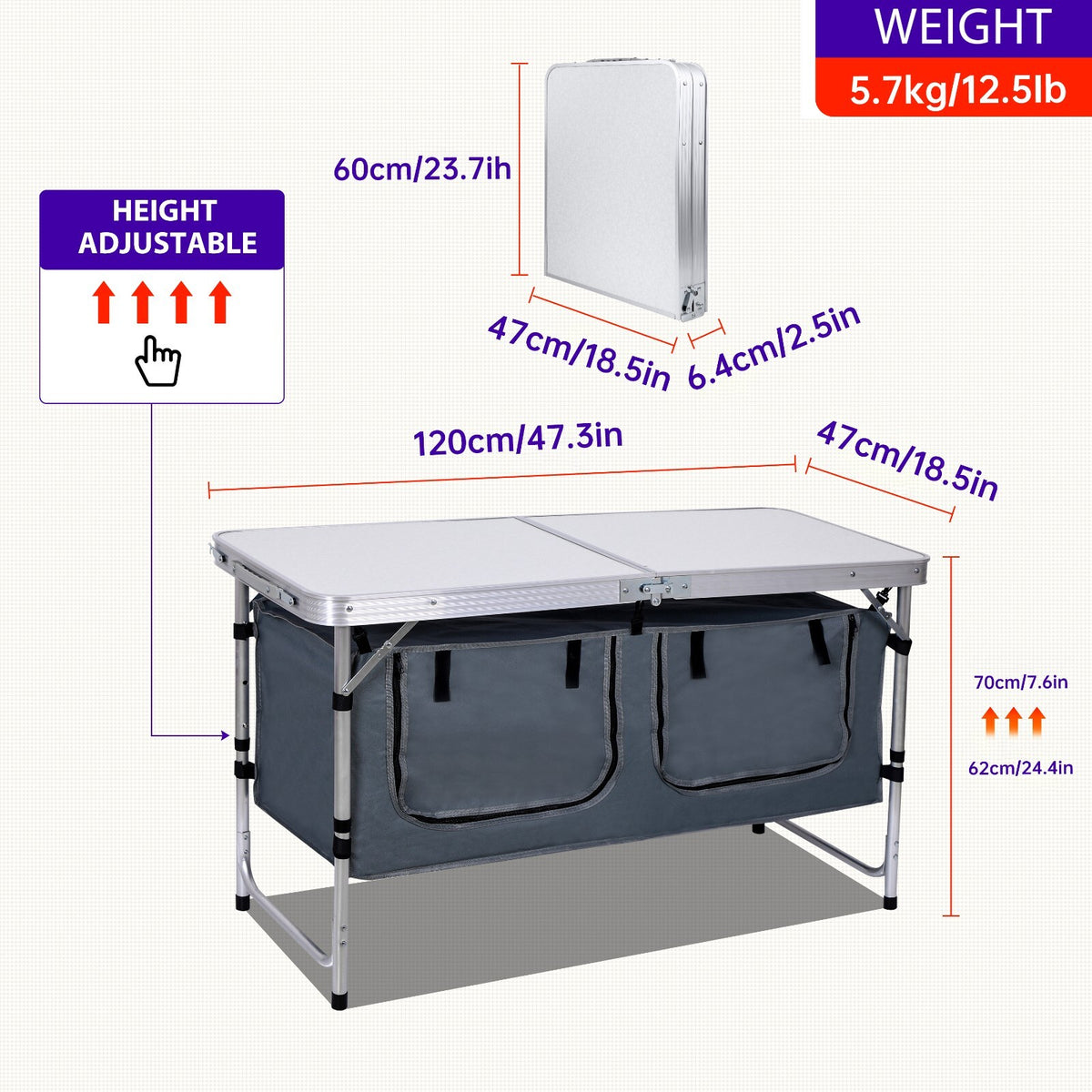 Portable Folding Camping Table with Adjustable Height & Storage Bags