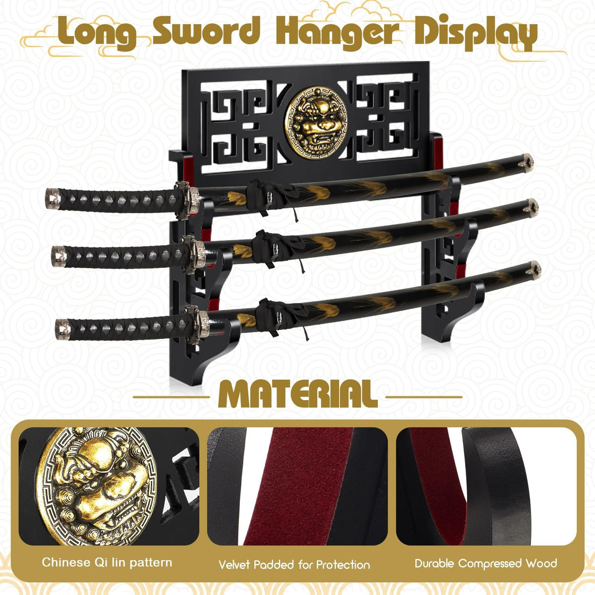 Wall Mount Katana Sword Holder Stand 3-Tier Display for Samurai Swords Black