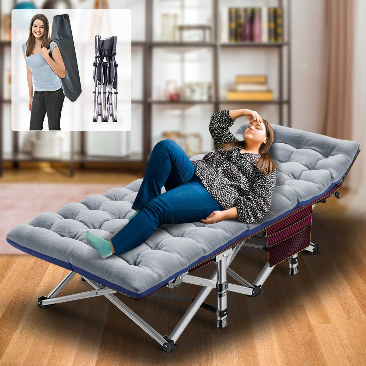 Heavy Duty Folding Camping Cot for Adults with Cotton Mat - Wide Sleep Bed