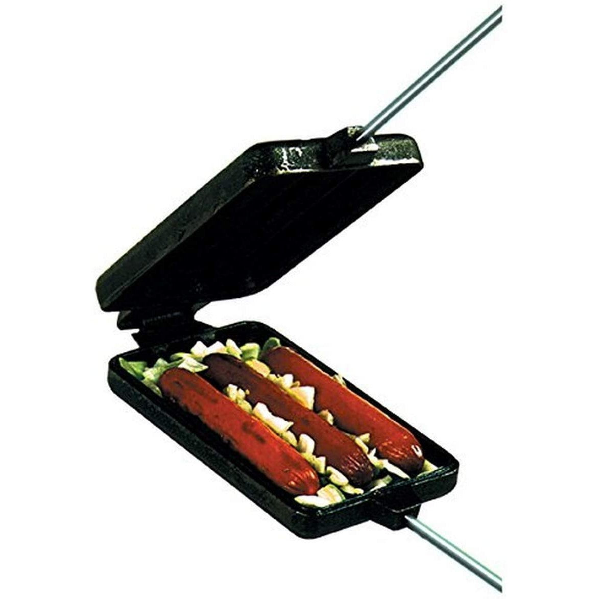 Cast Iron Hot Dog and Brat Cooker with Long Handle for Campfire Cooking