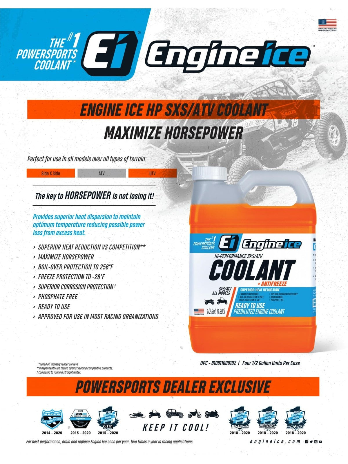 Engine Ice Hi-Performance ATV and SXS Coolant - Orange, 1/2 Gallon
