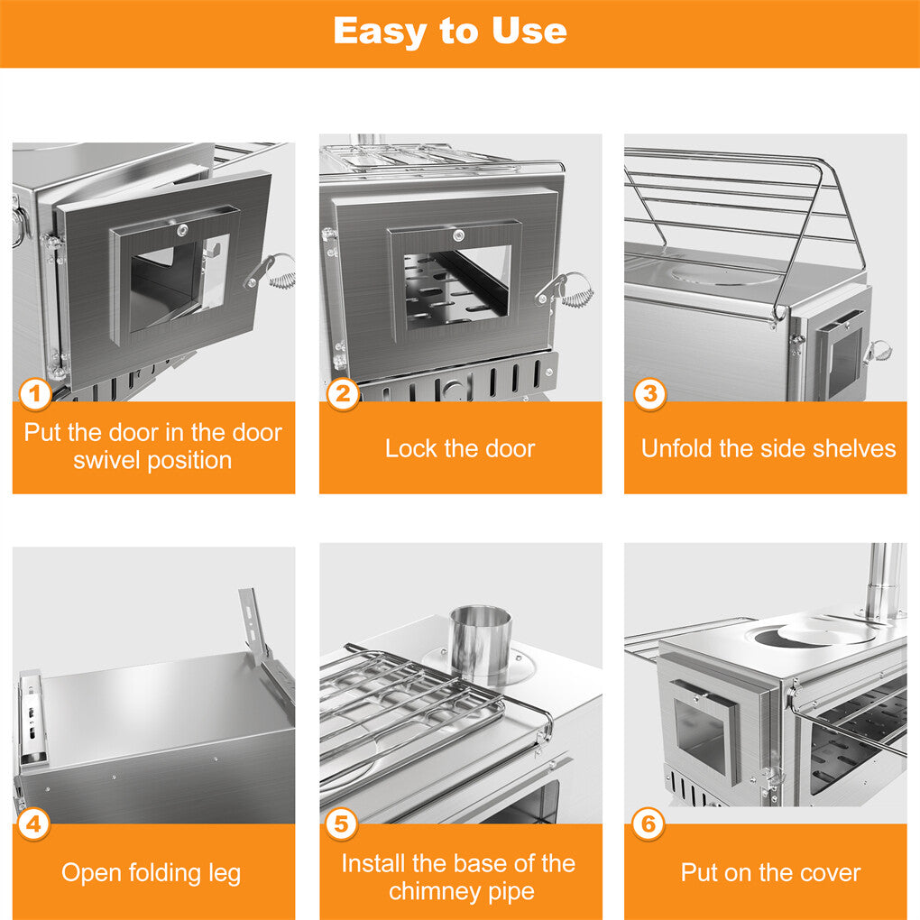 Large Portable Camping Wood Stove with Stainless Steel Chimney Pipe