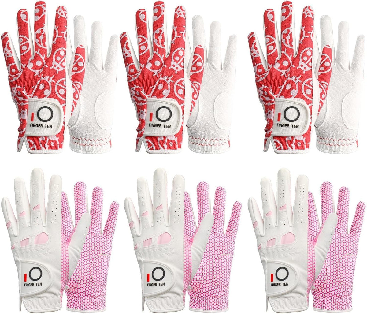 6 Pack Ladies Golf Gloves with Non-Slip Grip - Breathable Synthetic Leather