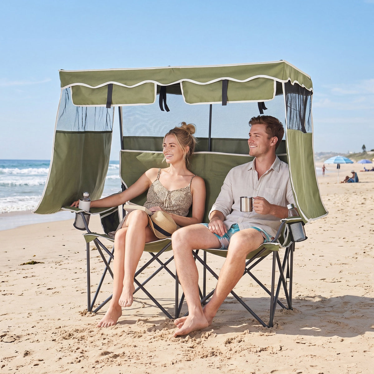 Double Camping Chair with Canopy Shade - Portable Outdoor Folding Seat for Beach & Picnic