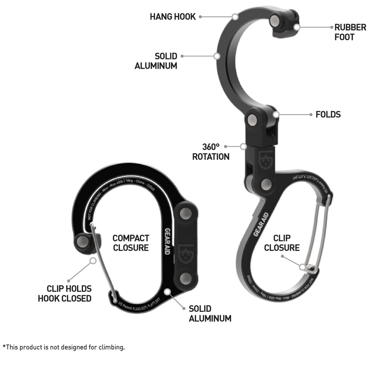 Aluminum Heroclip Mini Carabiner Hook with 40 lb Max Load - Black & Blue