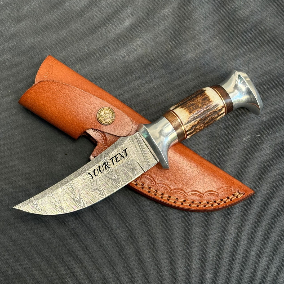Personalized Damascus Steel Hunting Skinning Knife with Deer Antler Handle