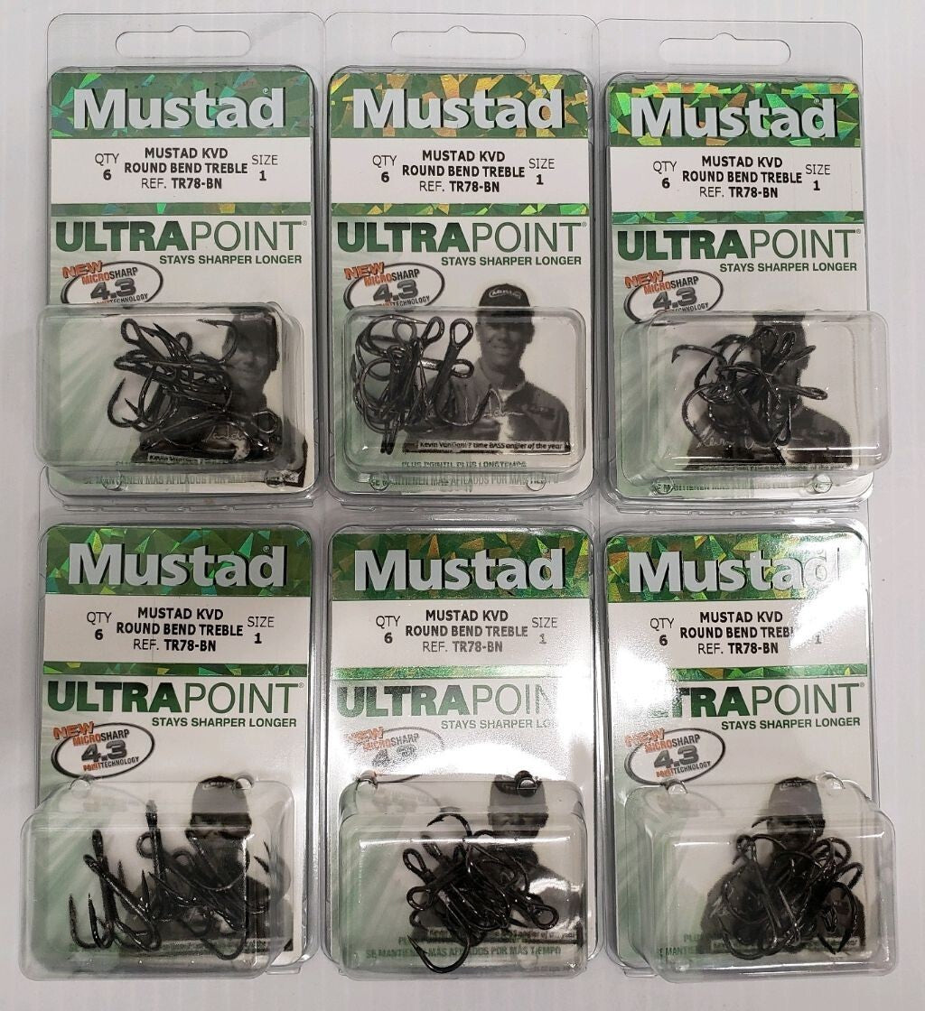Treble Fishing Hooks Size 1 - Micro Sharp Round Bend, Strong, Black Nickel, 36 Pack