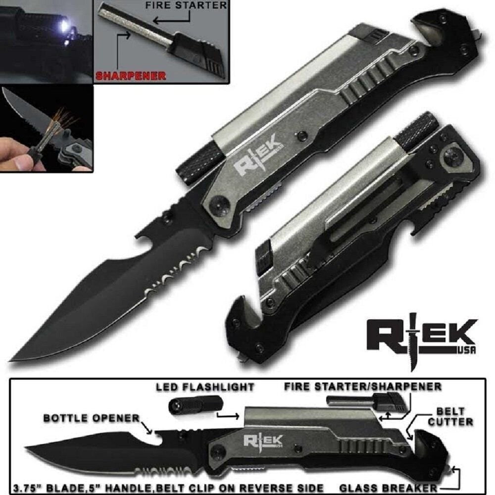 Grey Pocket Survival Knife with Fire Starter & LED Light - 9 Inch Multi-Tool