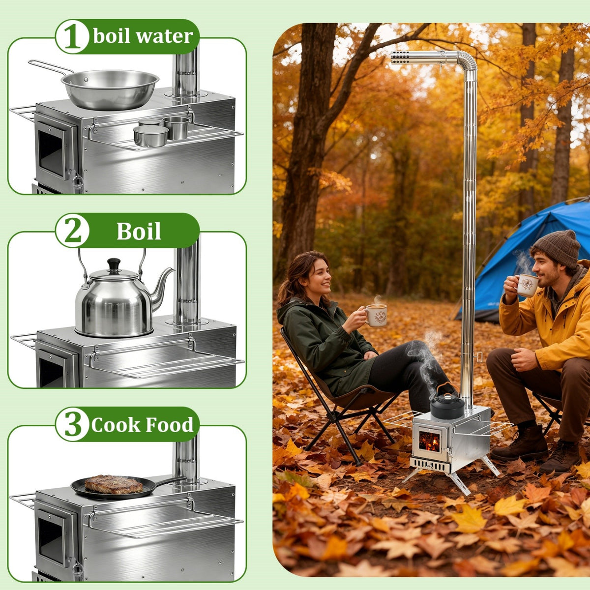 Outdoor Wood Burning Tent Stove with 7 Chimney Pipes Fire Pit for Camping