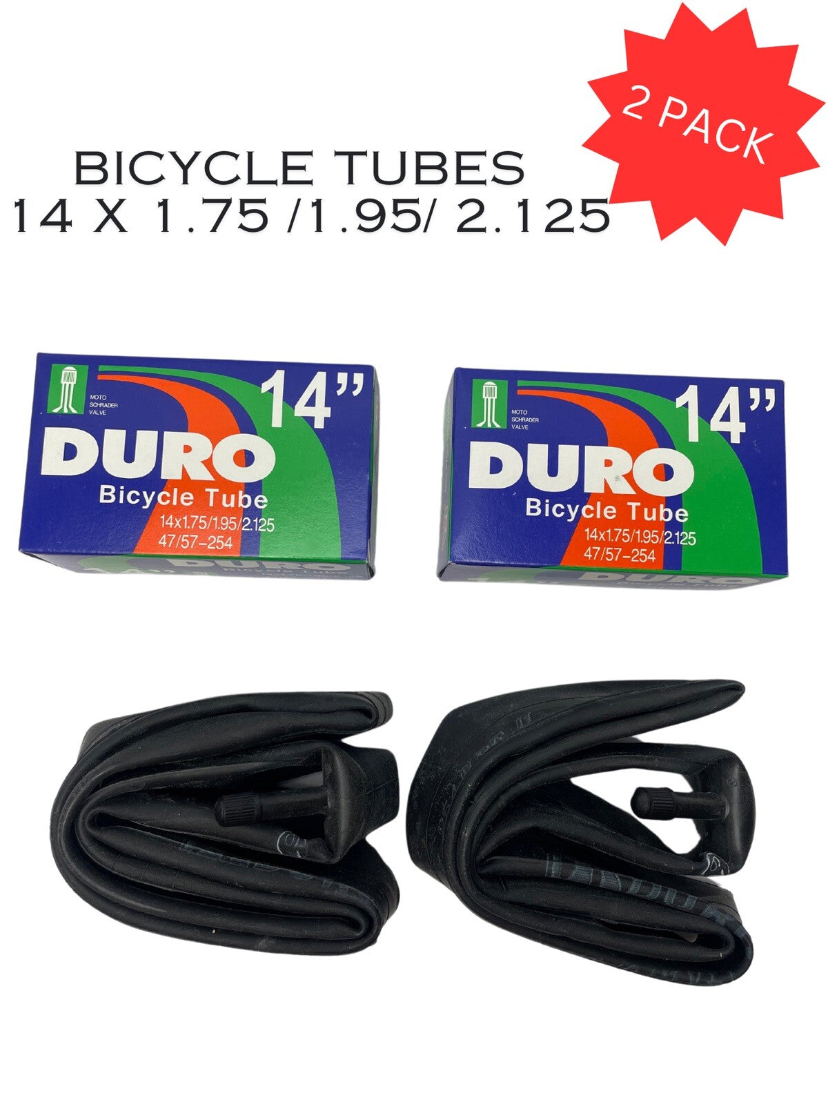 Kids Bicycle Inner Tubes Set 14 Inch Fits 1.75 1.90 1.95 2.125 Tires - DURO 2 Pack