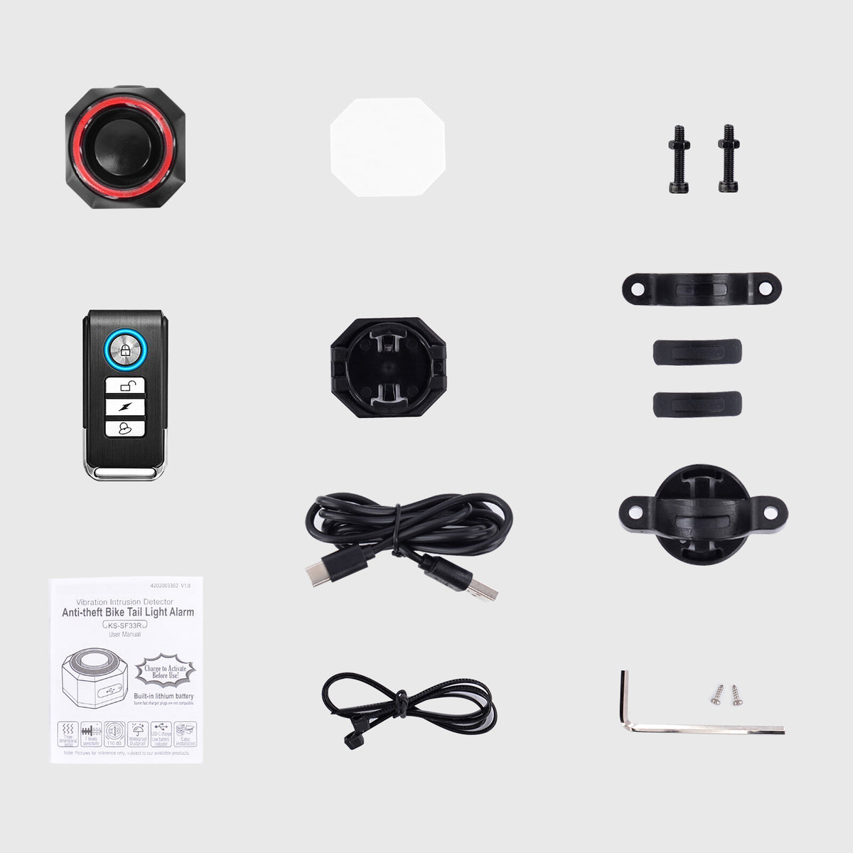 Wireless Waterproof Bike Alarm with Remote & Taillight USB Charging - 115dB