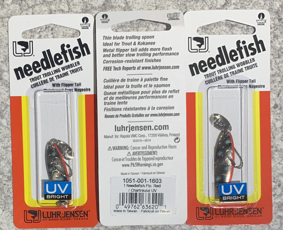 3 Pack Fishing Lures - Luhr Jensen Needlefish 1.5” Flipper Tail UV Red Chartreuse