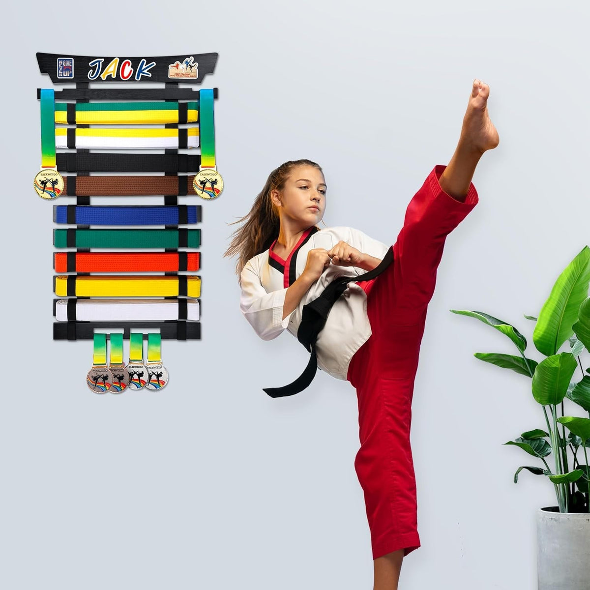 Personalized Martial Arts Belt Display Rack with 10 Belt Capacity and Sticker Set