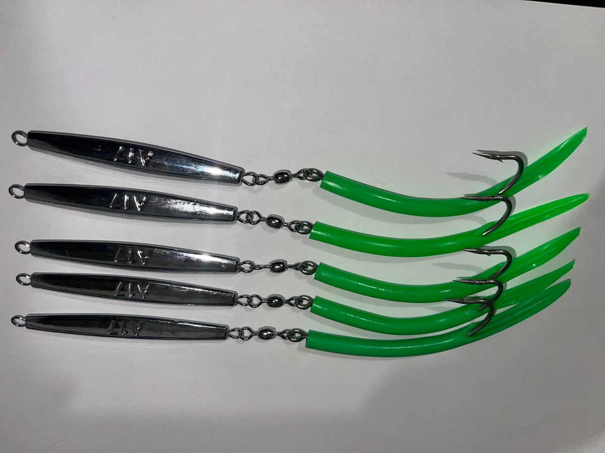 5Pcs Fishing Diamond Jigs A17 2oz Green with 7/0 Hook - Saltwater Tackle