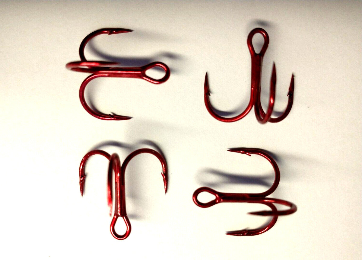 Treble Fishing Hooks Size 2 - Short-Shank, Tin-Red Finish, Bulk 100 Pack