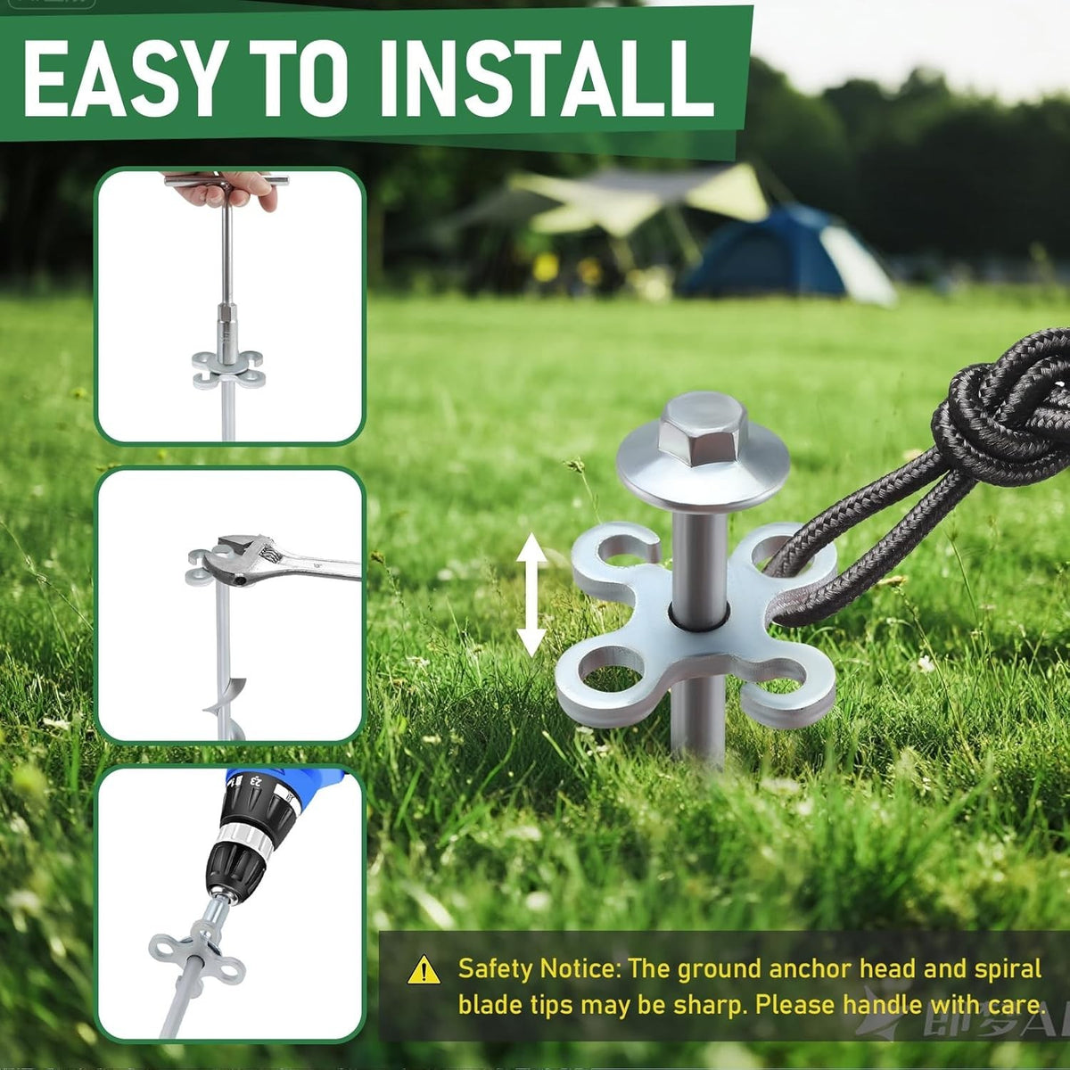 Heavy Duty Spiral Ground Anchors - Screw-In Tent Stakes with Drill Adapter (4 Pack)