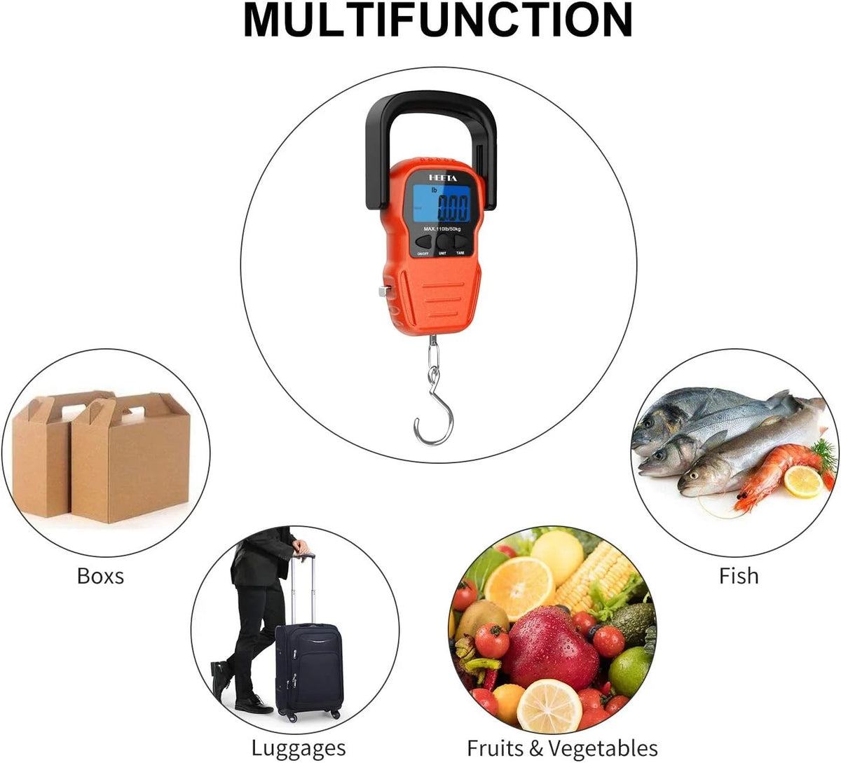 Digital Fish Scale with Backlit LCD Display 110lb/50kg Portable Hanging Weighing Tool