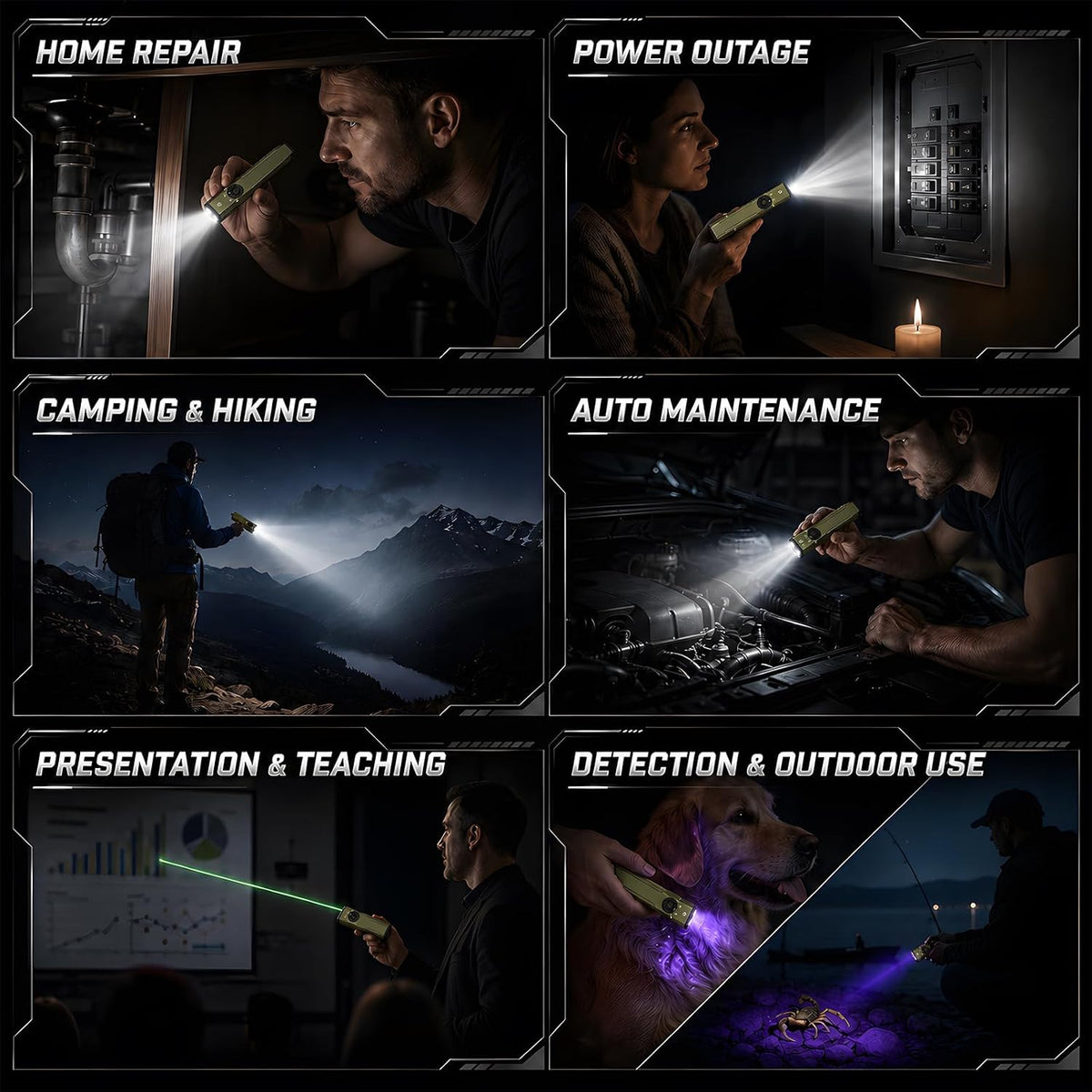 Rechargeable 3-in-1 LED Flashlight with UV and Green Light - Waterproof Portable Work Light