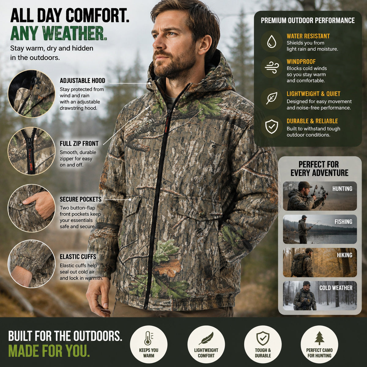 Insulated Camo Cotton Twill Jacket for Men - Quilted Lining, Mossy Oak Pattern