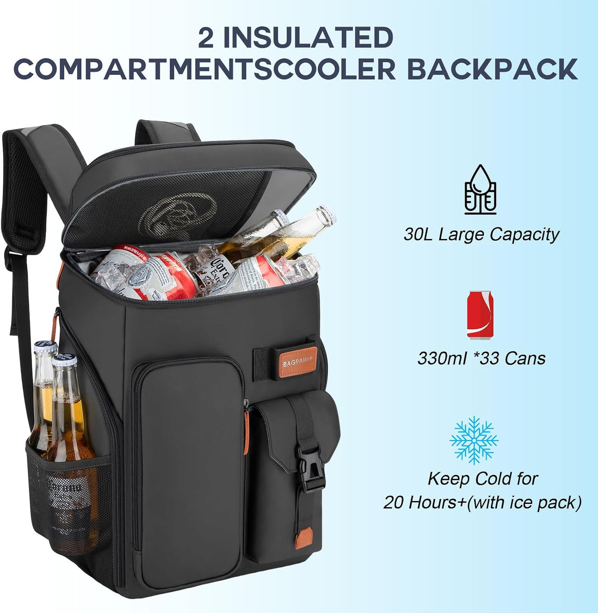 Insulated Leakproof Cooler Backpack 33/45 Cans with Double Deck, 30L