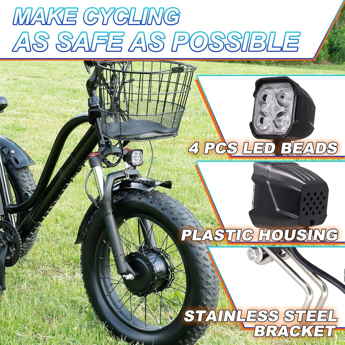 Electric Bicycle Light Kit with Headlight and Taillight Turn Signals - 24V-48V