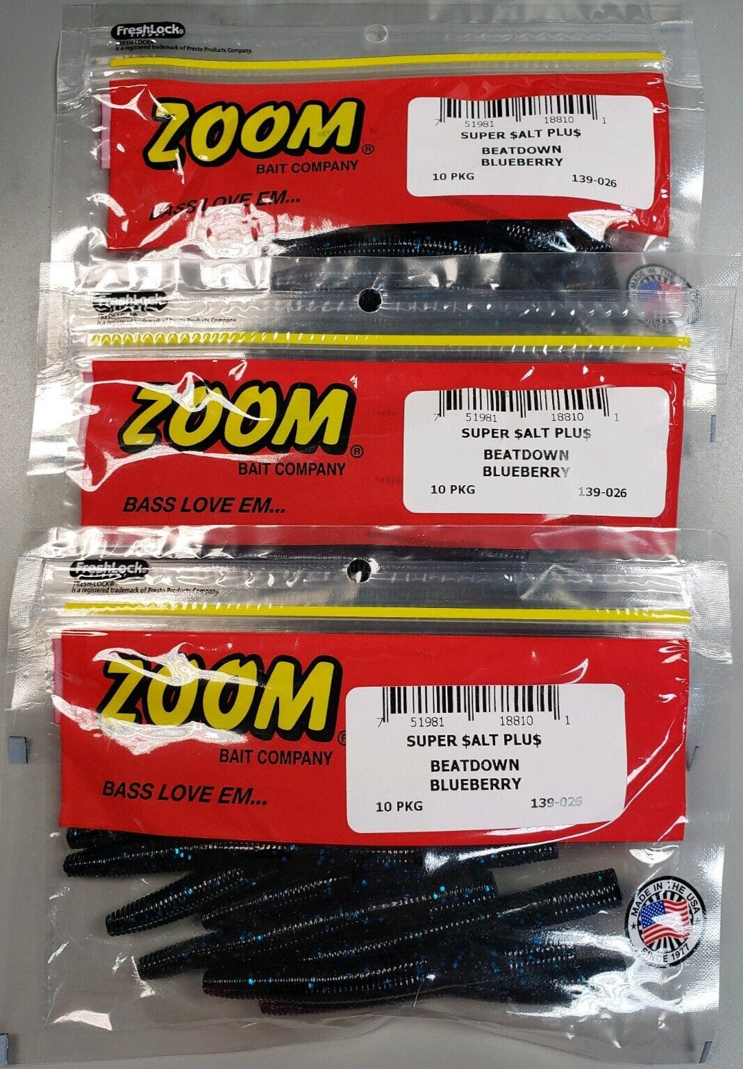 Zoom Super Salt Plus Blueberry NED Rig Bait 3-Pack for Freshwater Fishing