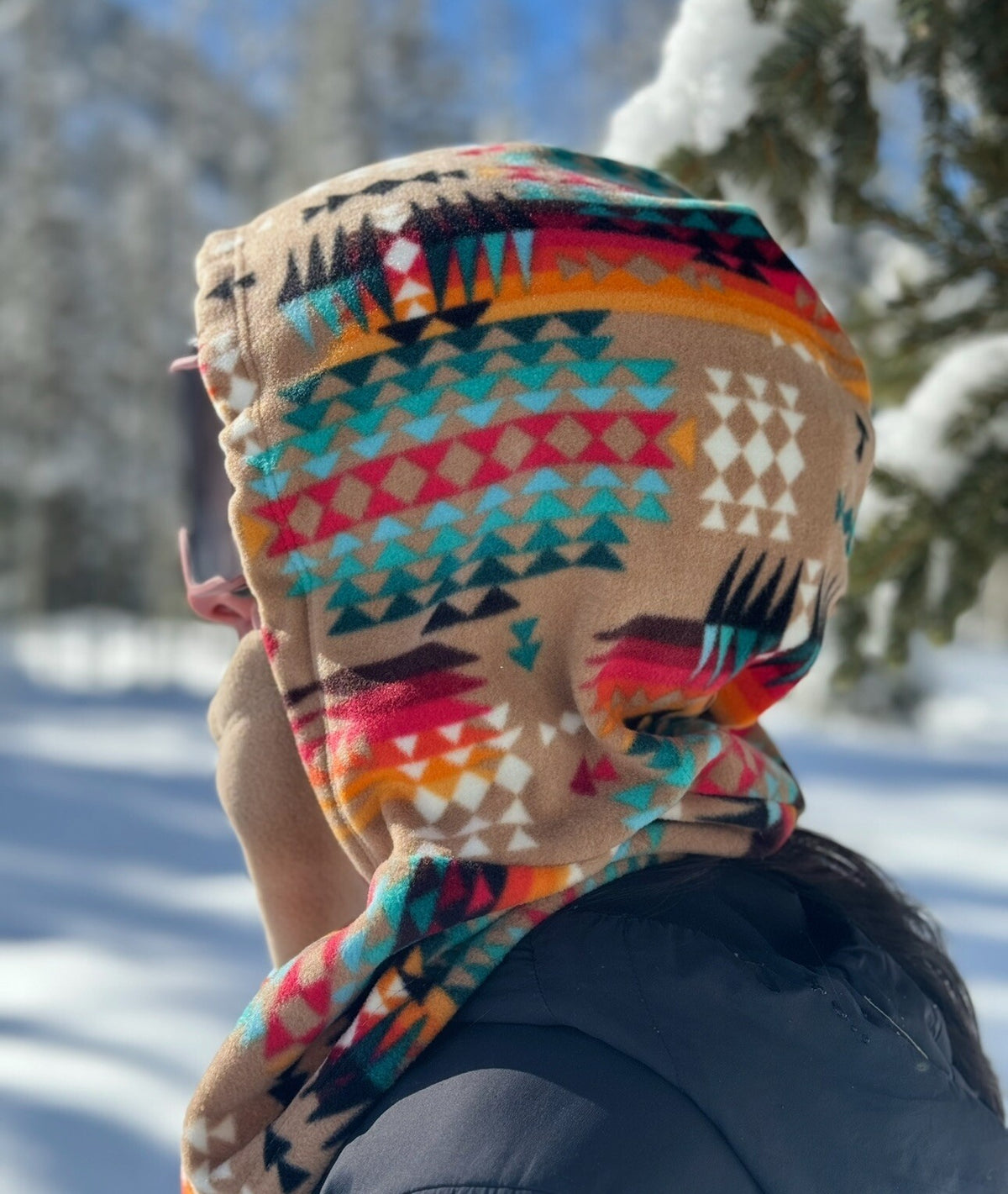 Fleece Ski Hood Over Helmet for Snowboarding and Skiing - Brown