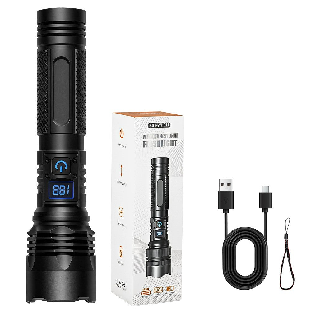 Rechargeable LED Tactical Flashlight with Zoom & Power Display - 20W, 500m Range