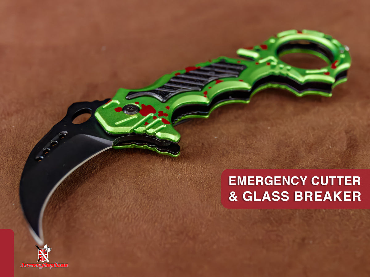 Spring Assisted Tactical Karambit Knife with Zombie Green Finish and Emergency Features