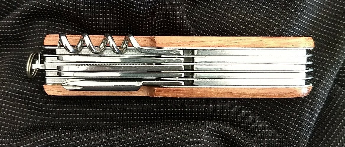 Multi-Tool Pocket Knife with Wood Handles, 10 Functions, Camping Gear